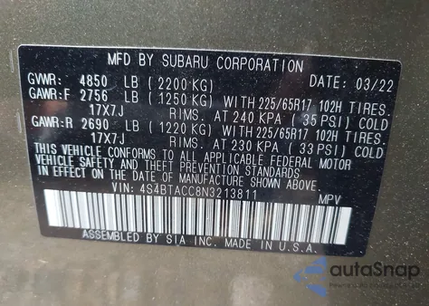 2022 Subaru Outback Premium from USA, damaged, VIN 4S4BTACC8N3213811